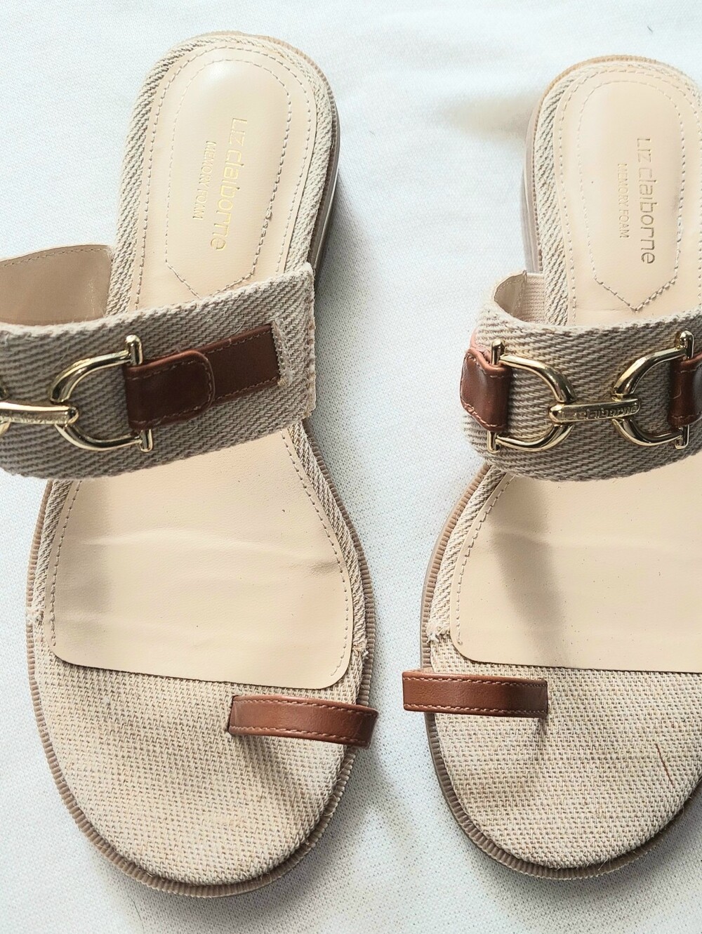 Liz Claiborne Beige and Brown Slide Sandals with Gold Accent